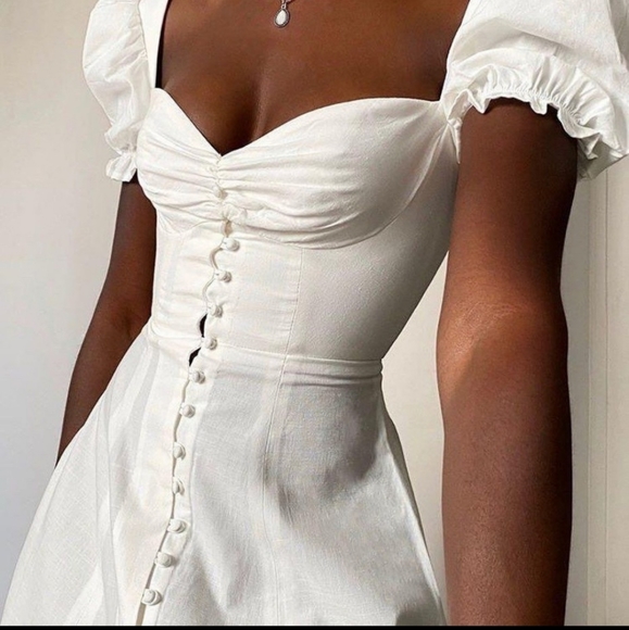 House of CB Dresses & Skirts - House of CB Ellery White Linen Blend Puff Sleeve Midi Sundress Sz M